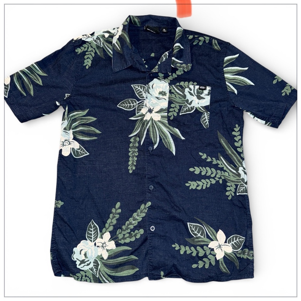 Vans Youth XL Navy Hawaiian Floral Button Down Short Sleeve Shirt Dressy Casual